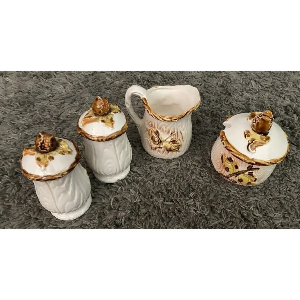 Nevco Small Cream and Brown Creamer, Sugar Bowl, Salt & Pepper Vtg Shaker Set